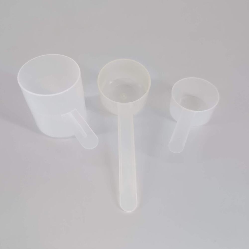 Three Transluscent Plastic Measuring Scoops Variouis Brands 80 CC, 39 CC & 25 CC